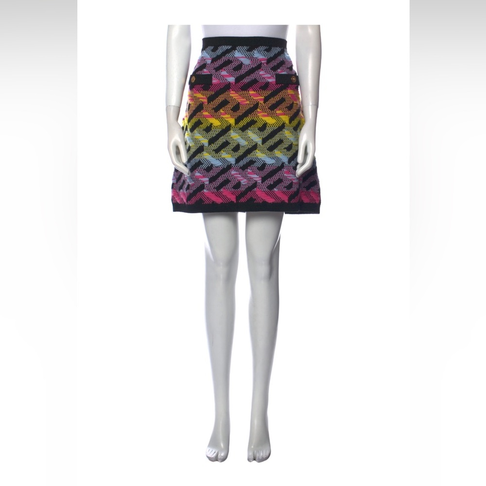 Versace knit skirt sz L la Greca wool blend mini pink yellow blue 8 10